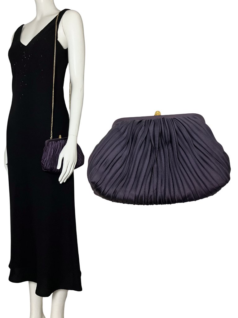 Vintage 90s Purple Satin Pleated Kiss Lock Clutch Evening Bag Gold Chain Formal